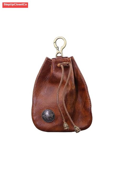 Accessories - Genuine Leather Drawstring Coin Purse Vintage Pouch with Metal Clasp Mini